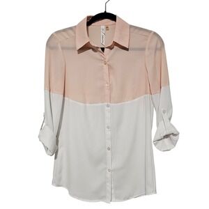 NY Collection XS Peach White Colorblock Top Roll-Tab Sleeve Office Wear Preppy ~